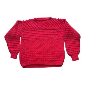 Hand Knitted Red Pullover Sweater Textured Bobble Stitch Women's L